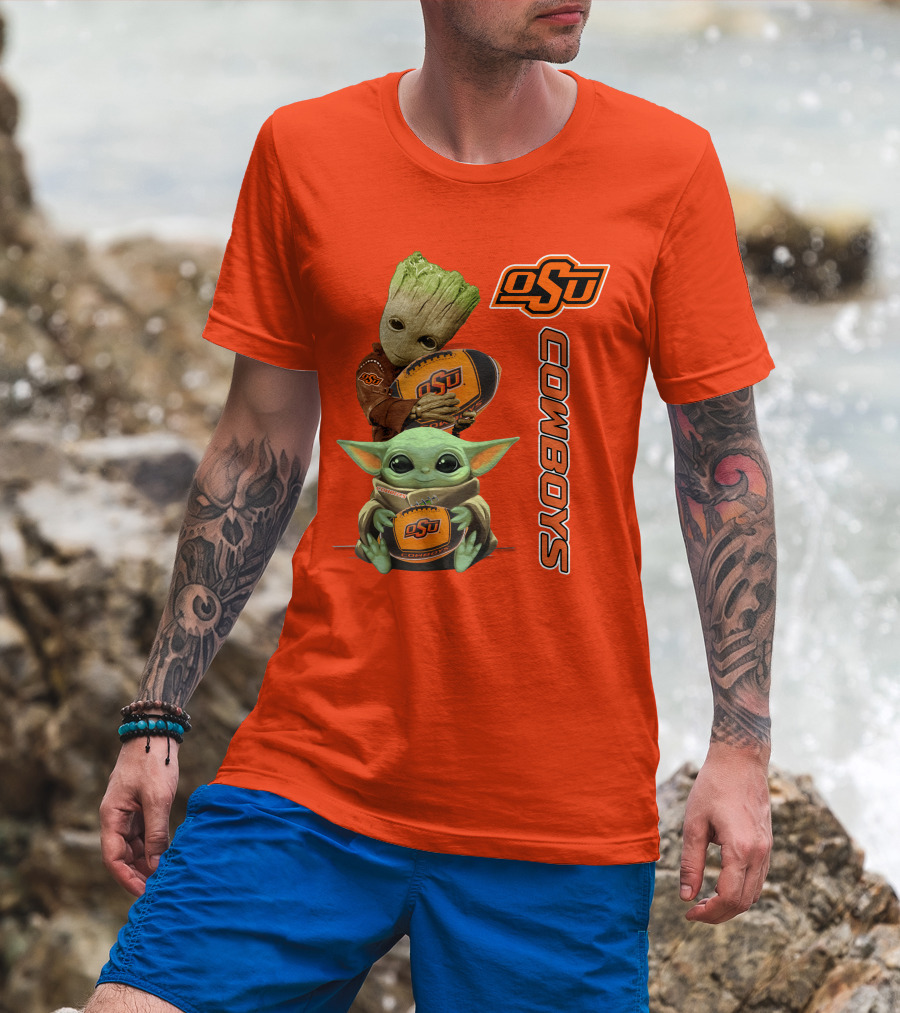 Osu Cowboys Groot And Baby Yoda Hugging Football T-Shirt