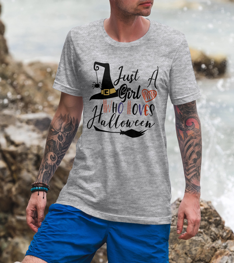 Just A Girl Who Loves Halloween Witch Hat And Broom With Spider And Heart T-Shirt