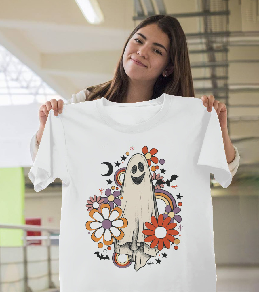 Retro Halloween Ghost With Flowers And Bats T-Shirt