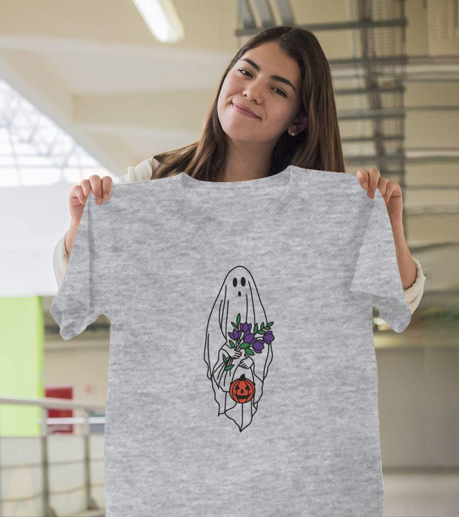Spooky Ghost with Pumpkin and Purple Flowers Retro Halloween T-Shirt