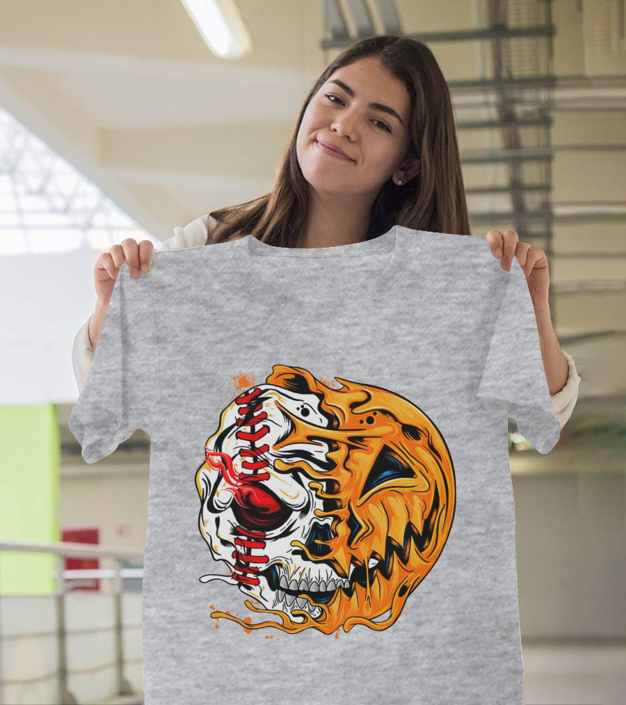 Baseball Pumpkin Skull Halloween Fusion T-Shirt