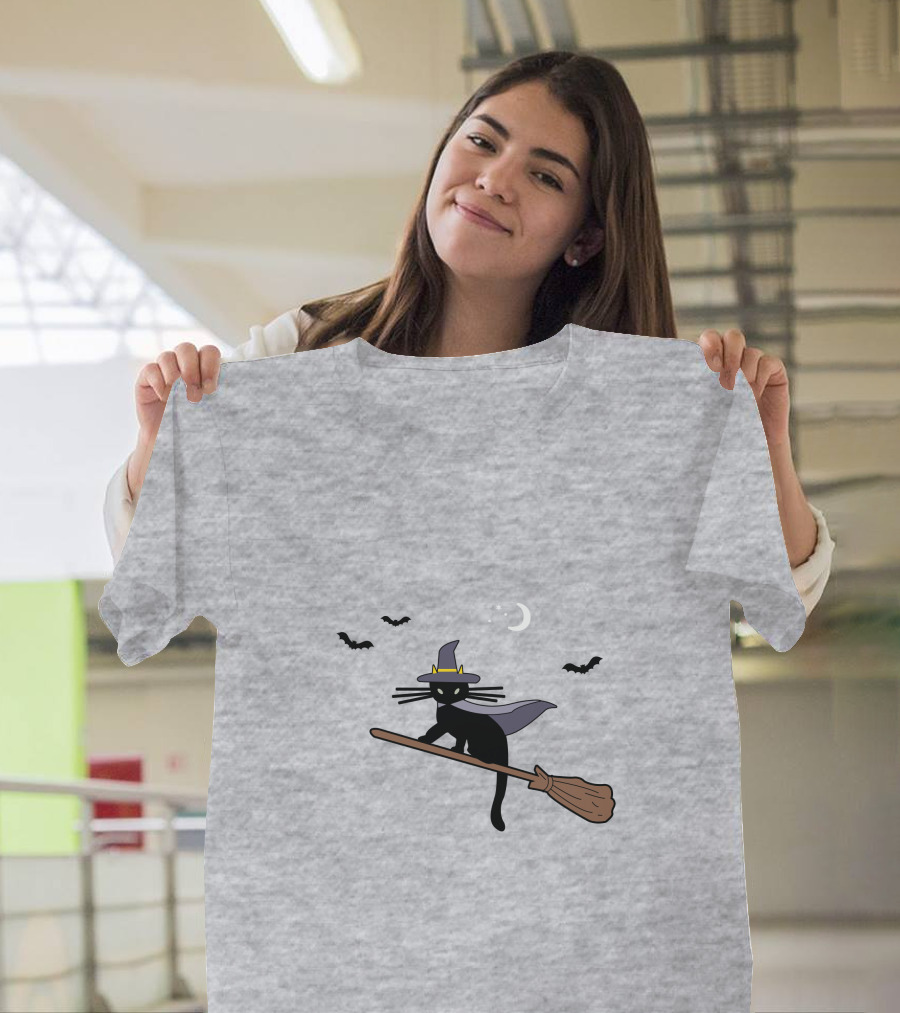 Black Cat Halloween Hocus Pocus Magic Broomstick Bat Lover T-Shirt