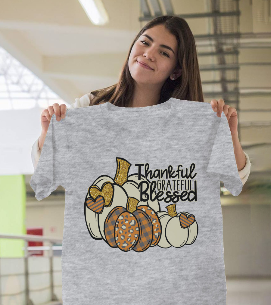 Thankful Grateful Blessed Leopard Pumpkin Thanksgiving T-Shirt