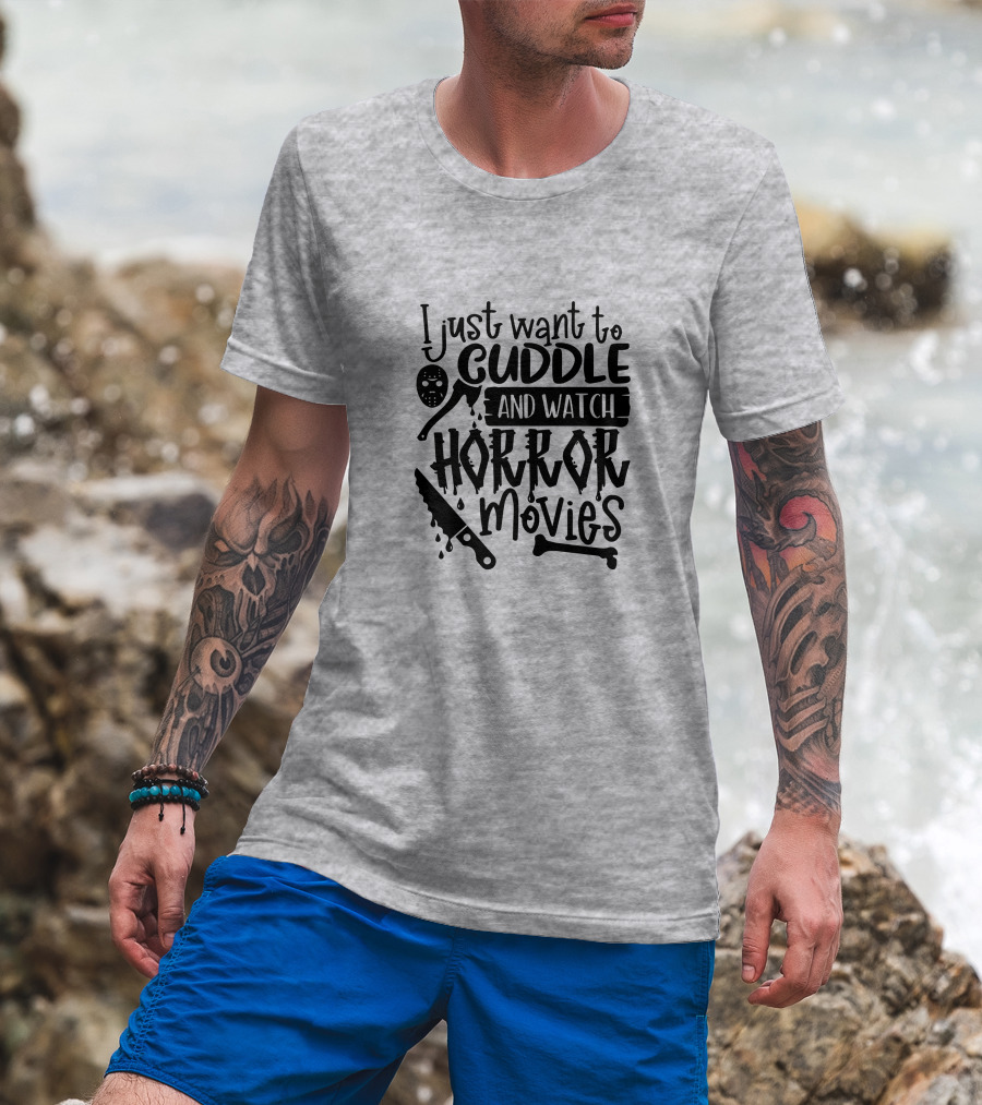 I Just Want To Cuddle And Watch Horror Movies With Dripping Knife And Skull Mask T-Shirt