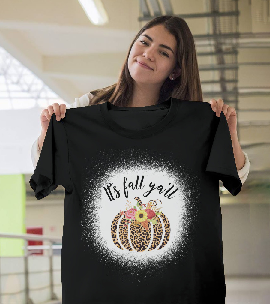 Its Fall Yall Leopard Pumpkin With Floral Accent T-Shirt