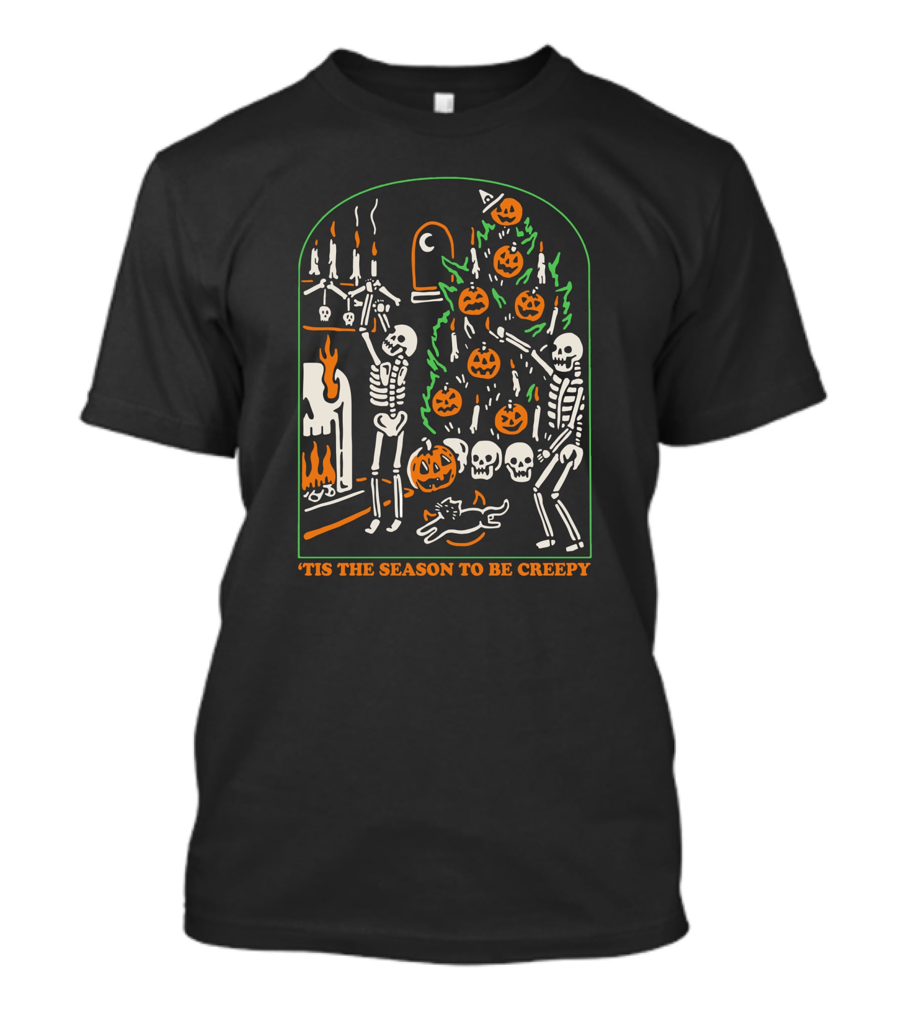 'Tis The Season To Be Creepy Skeletons By The Halloween Fireplace With Skull And Pumpkin Tree T-Shirt