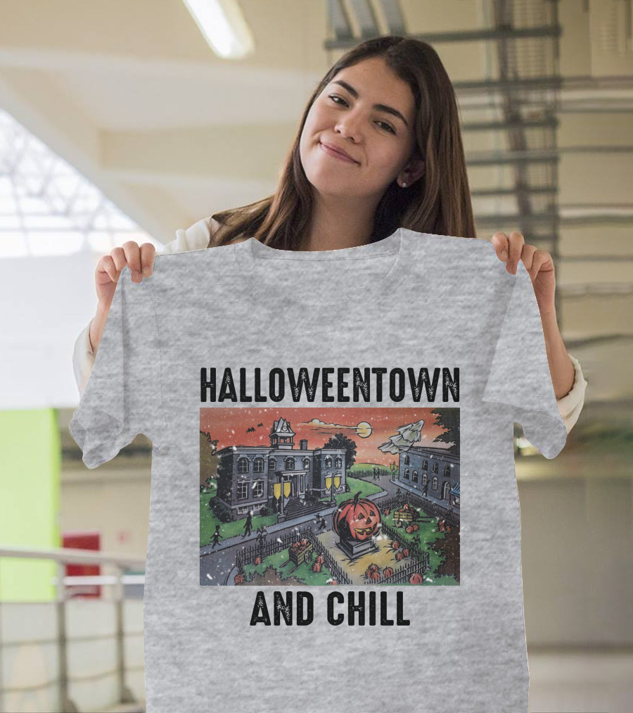 Halloweentown And Chill Spooky Town Scene with Lit Pumpkin Statue T-Shirt