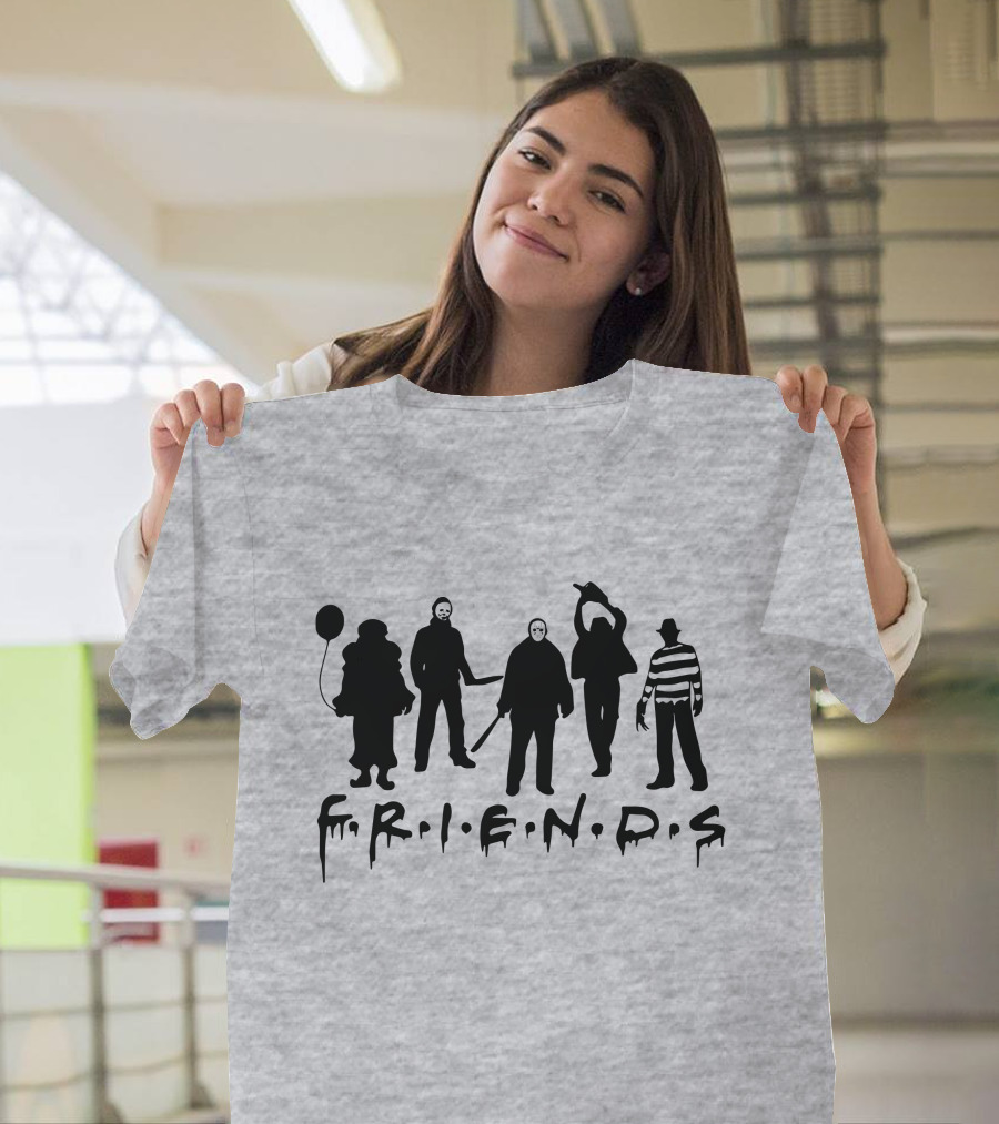 F.R.I.E.N.D.S Halloween Horror Movie Characters With Balloon And Stripes T-Shirt