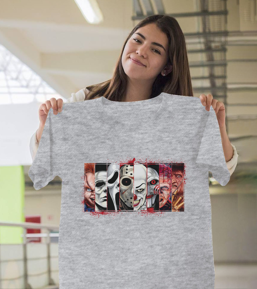Chucky Ghostface Jason Voorhees Pennywise Jigsaw Pinhead Freddy Krueger Horror Movie Characters T-Shirt