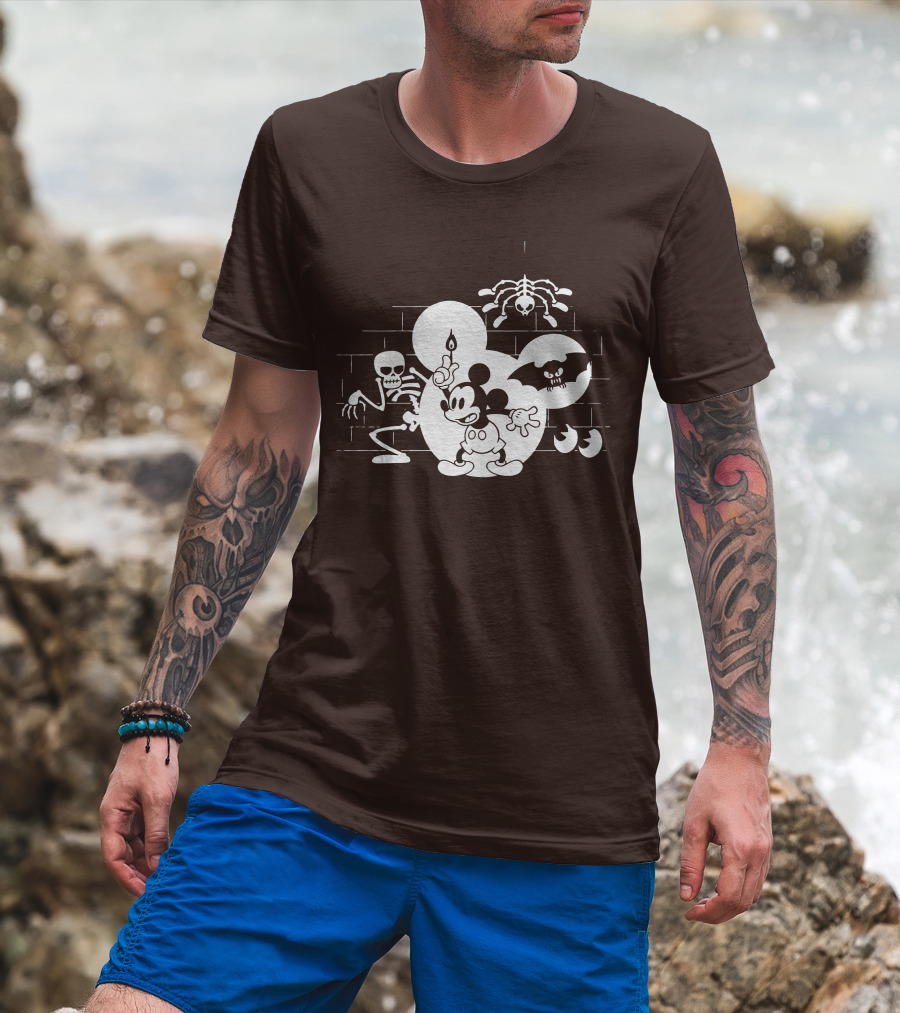 Mickey Mouse Haunted Halloween Mansion With Skeleton And Bat T-Shirt