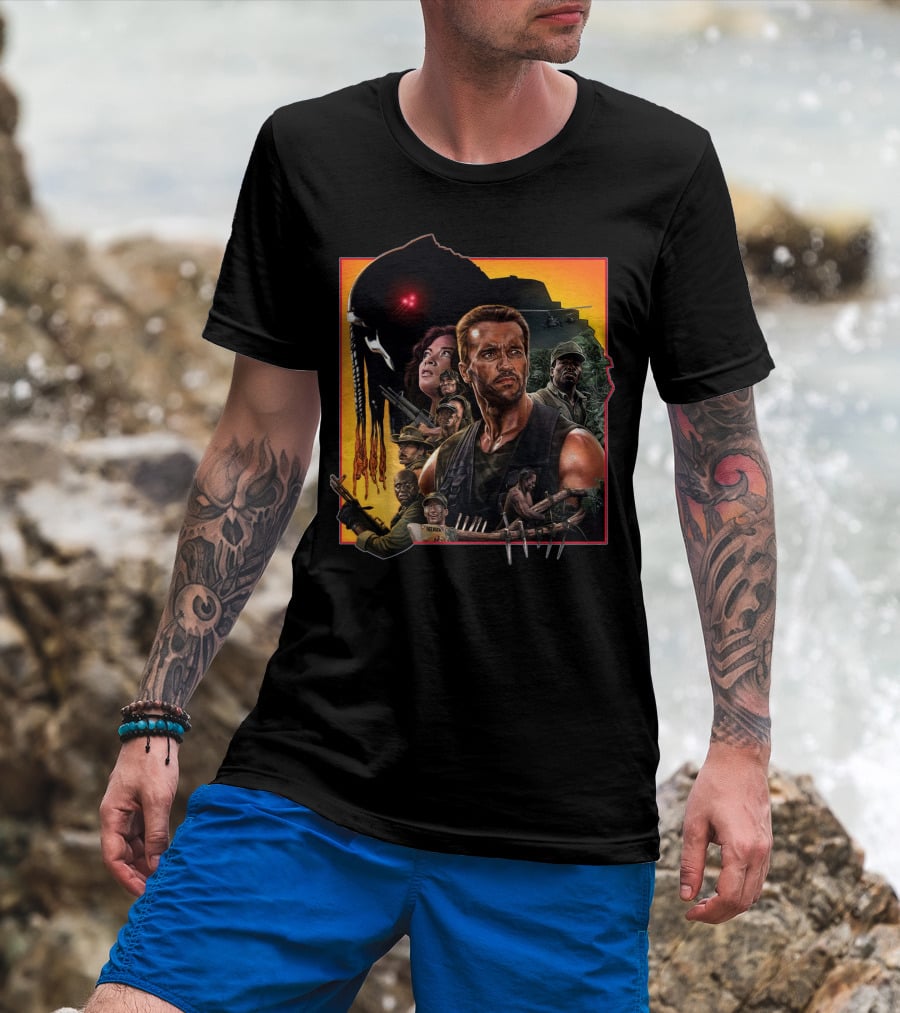 Predator Movie Characters And Jungle Battle Scene T-Shirt