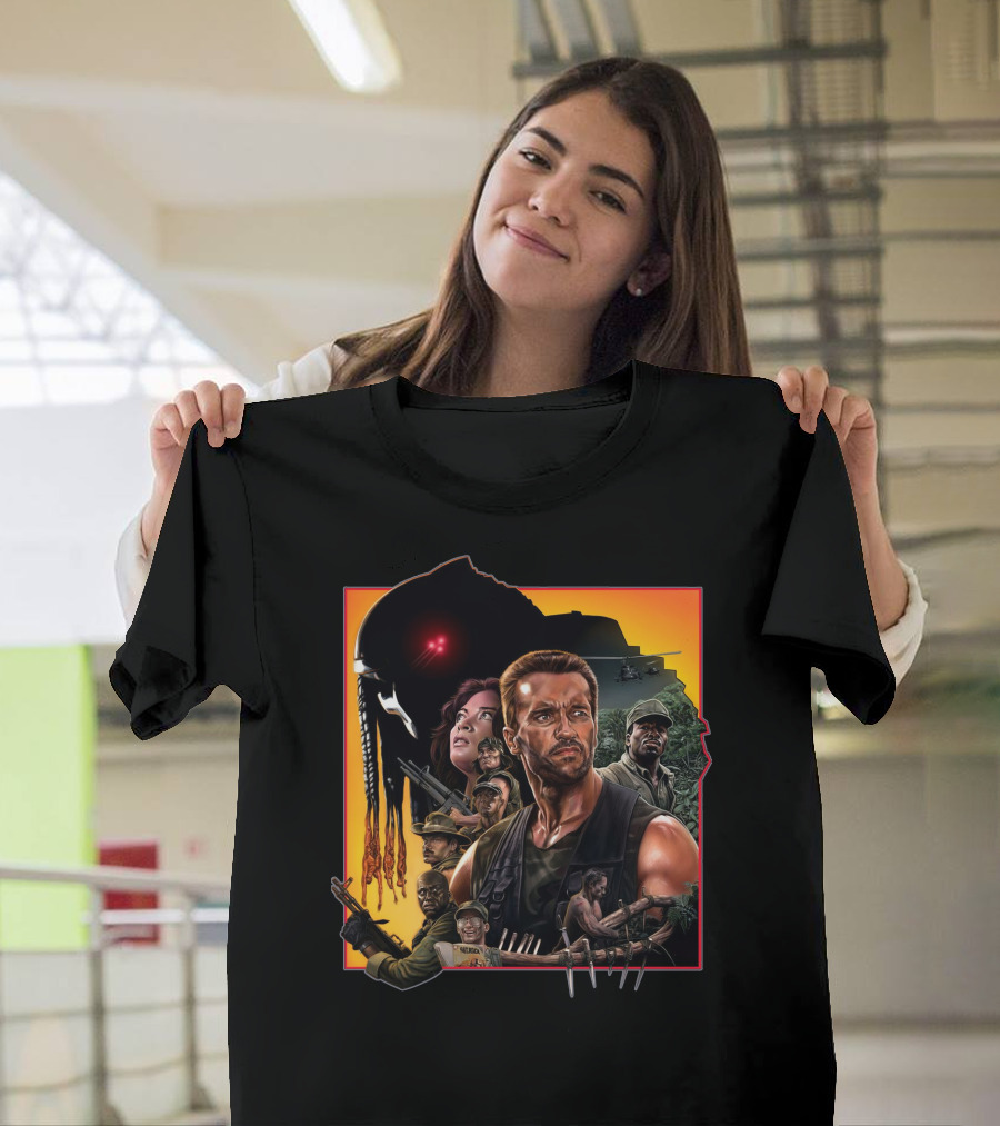 Predator Movie Characters And Jungle Battle Scene T-Shirt