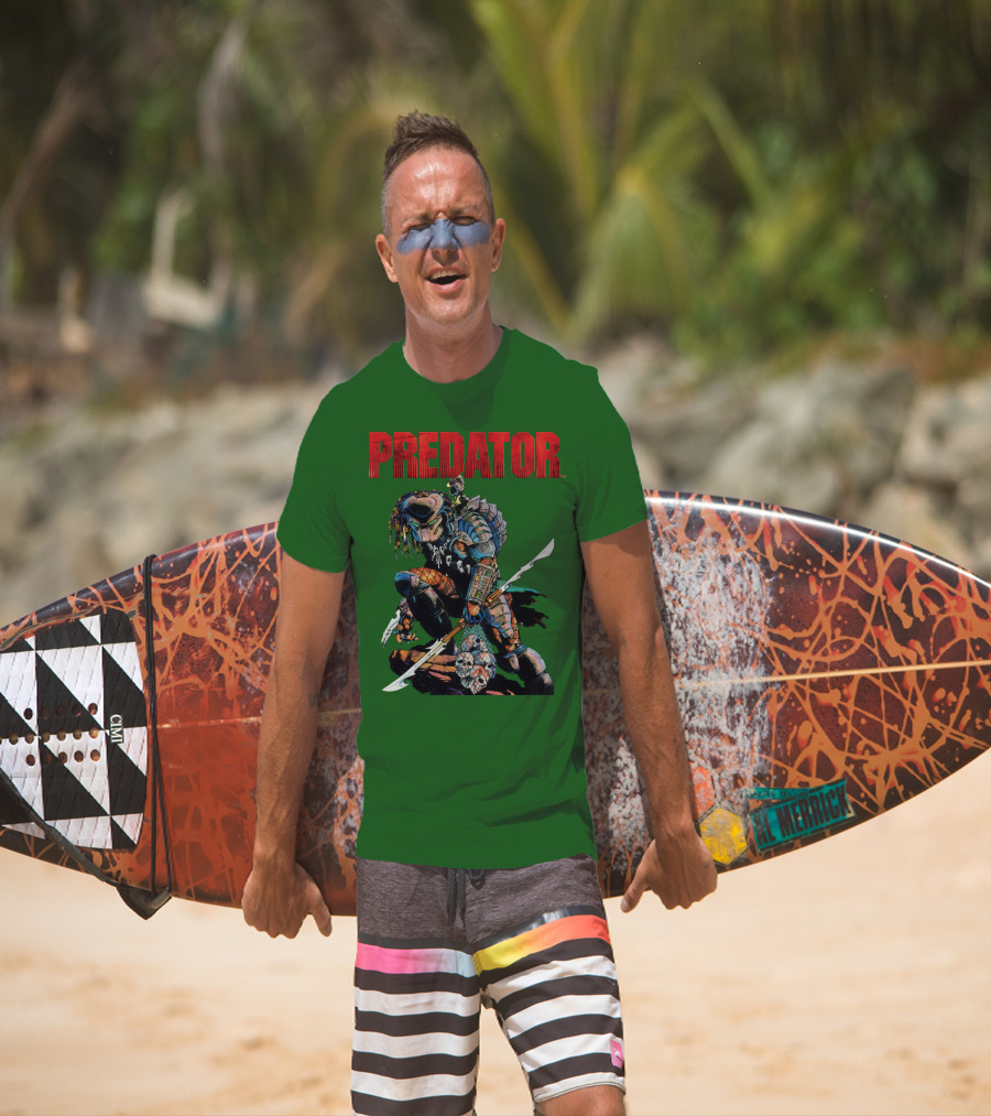 Predator Armored Warrior Kneeling With Blade And Skull Trophy T-Shirt