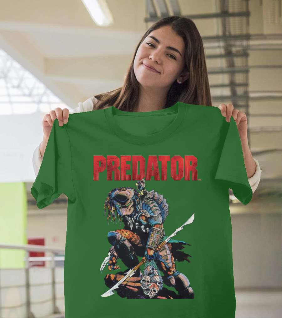 Predator Armored Warrior Kneeling with Blade and Skull Trophy T-Shirt