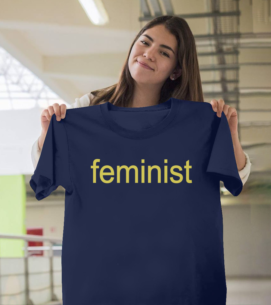 Feminist Yellow Text On Navy Blue T-Shirt