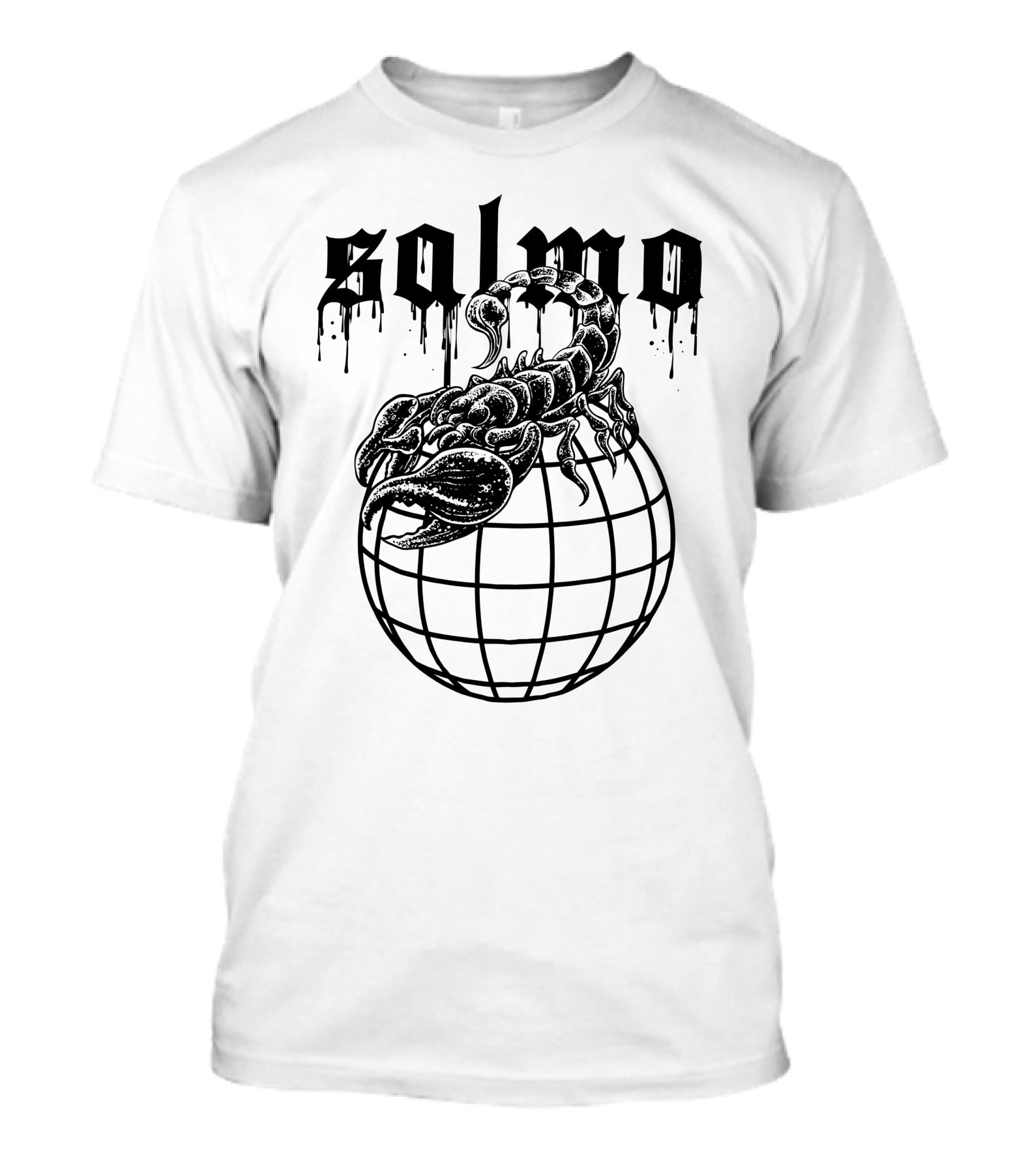 Salmo Scorpio With Dripping Text And Scorpion On Globe T-Shirt