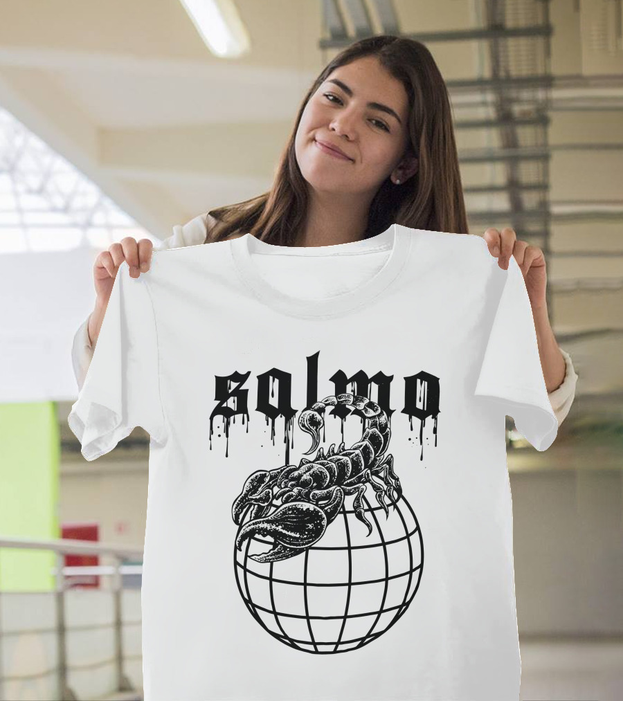 Salmo Scorpio With Dripping Text And Scorpion On Globe T-Shirt