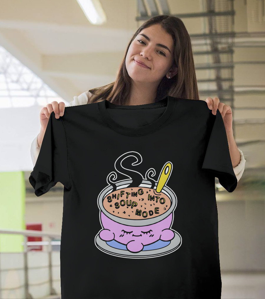 Shifting Into Soup Mode Adorable Pink Character in Relaxing Steamy Bowl with Yellow Spoon T-Shirt