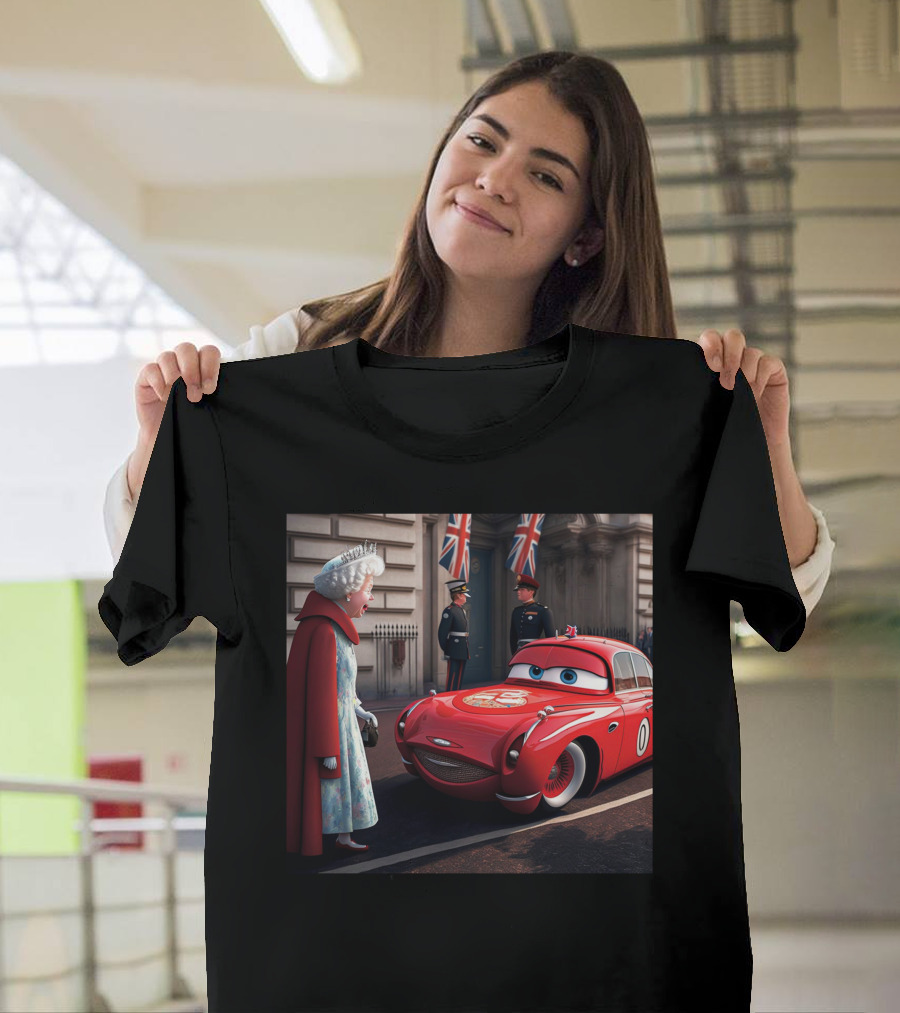 Lightning McQueen Meets Queen Of England With British Guards And Flags T-Shirt