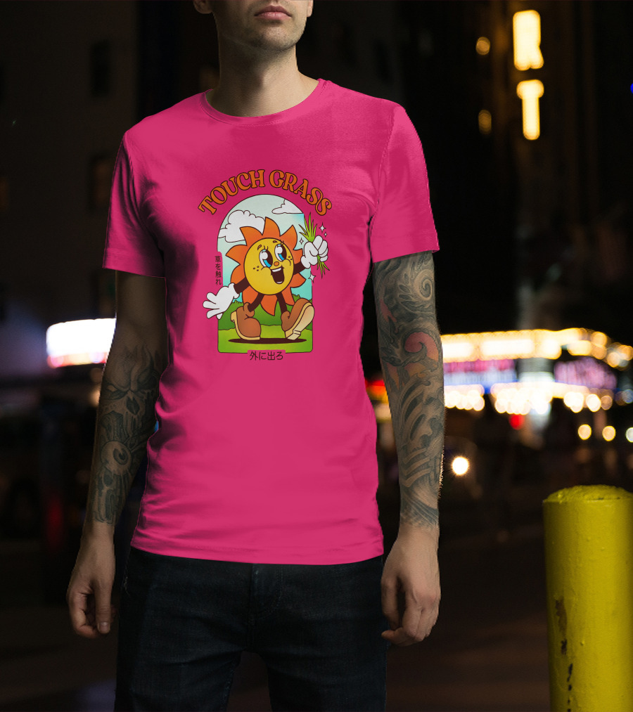 TOUCH GRASS Hellvetika Sunflower Character Boots Japan Text T-Shirt