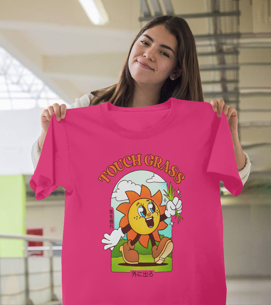 TOUCH GRASS Hellvetika Sunflower Character Boots Japan Text T-Shirt