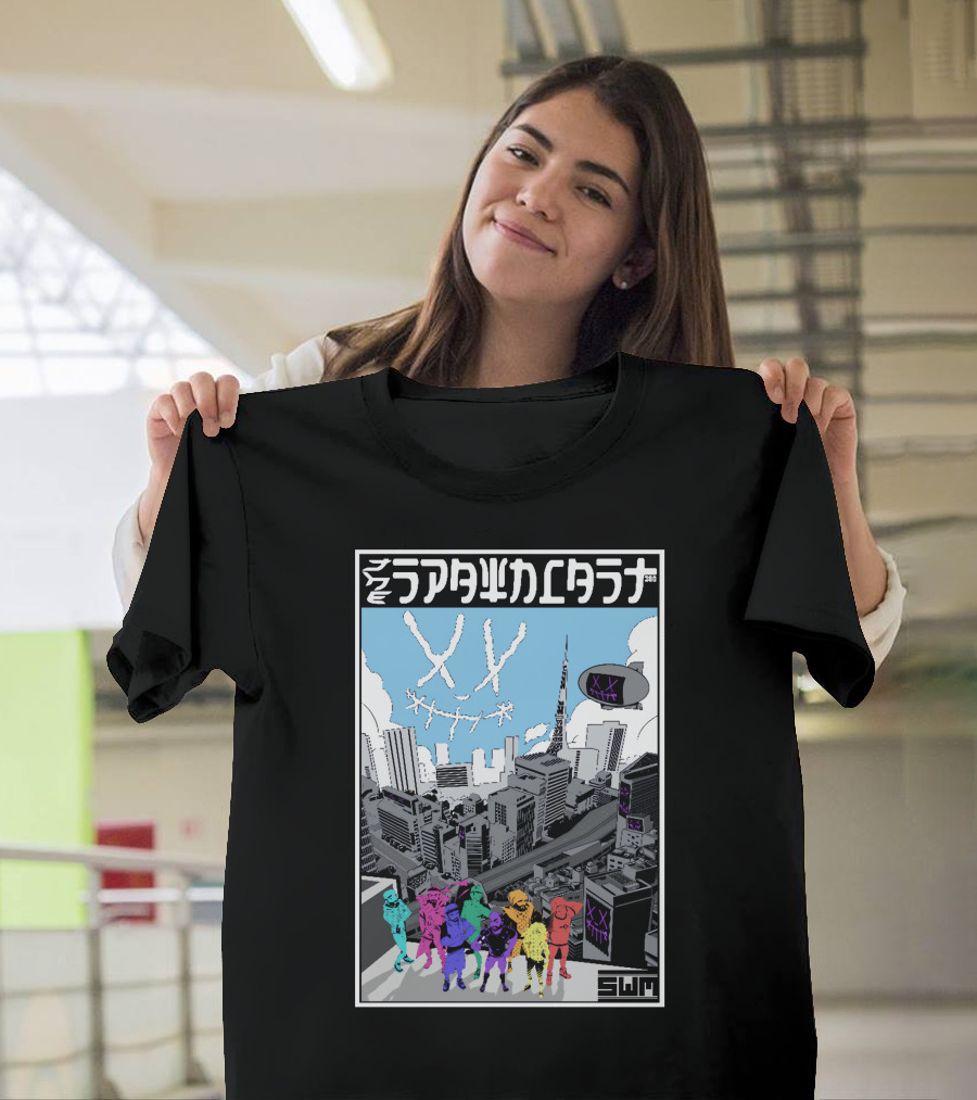 Spawncast Cyberpunk Cityscape with Masked Figures and Smiling Skyline Eyes T-Shirt