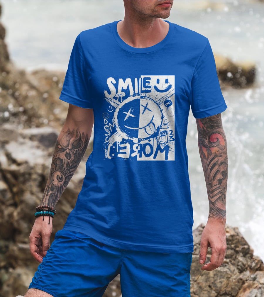 Smile More April Members Only Blue Grunge Style Smiley Face T-Shirt