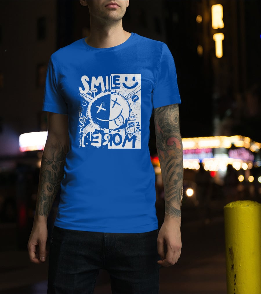 Smile More April Members Only Blue Grunge Style Smiley Face T-Shirt
