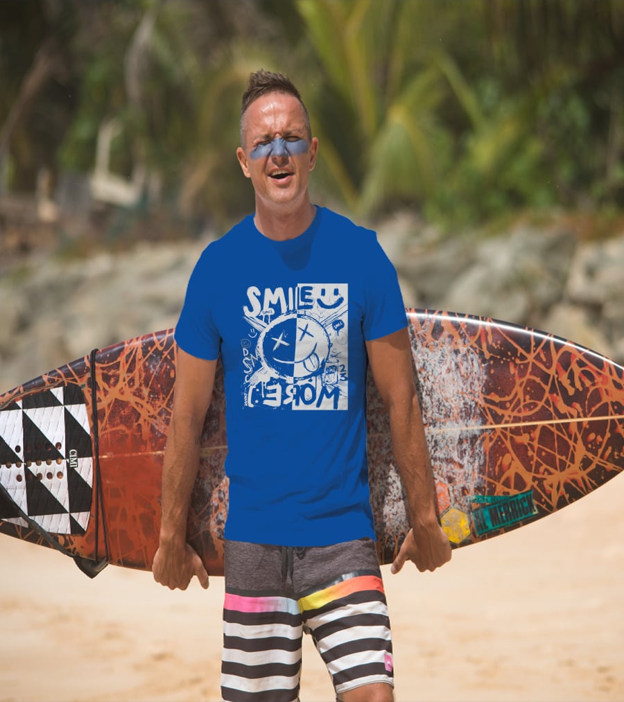 Smile More April Members Only Blue Grunge Style Smiley Face T-Shirt