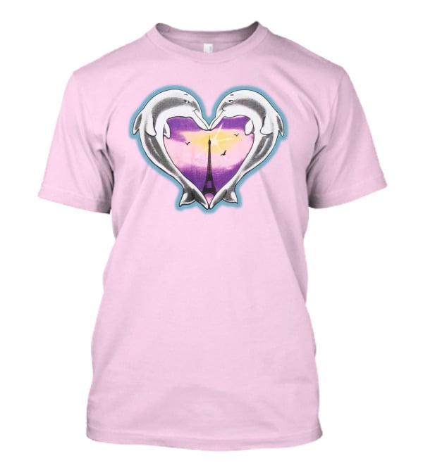 Dolphins Heart Eiffel Tower Sunset Paris Pink Background T-Shirt