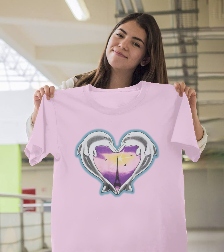 Dolphins Heart Eiffel Tower Sunset Paris Pink Background T-Shirt