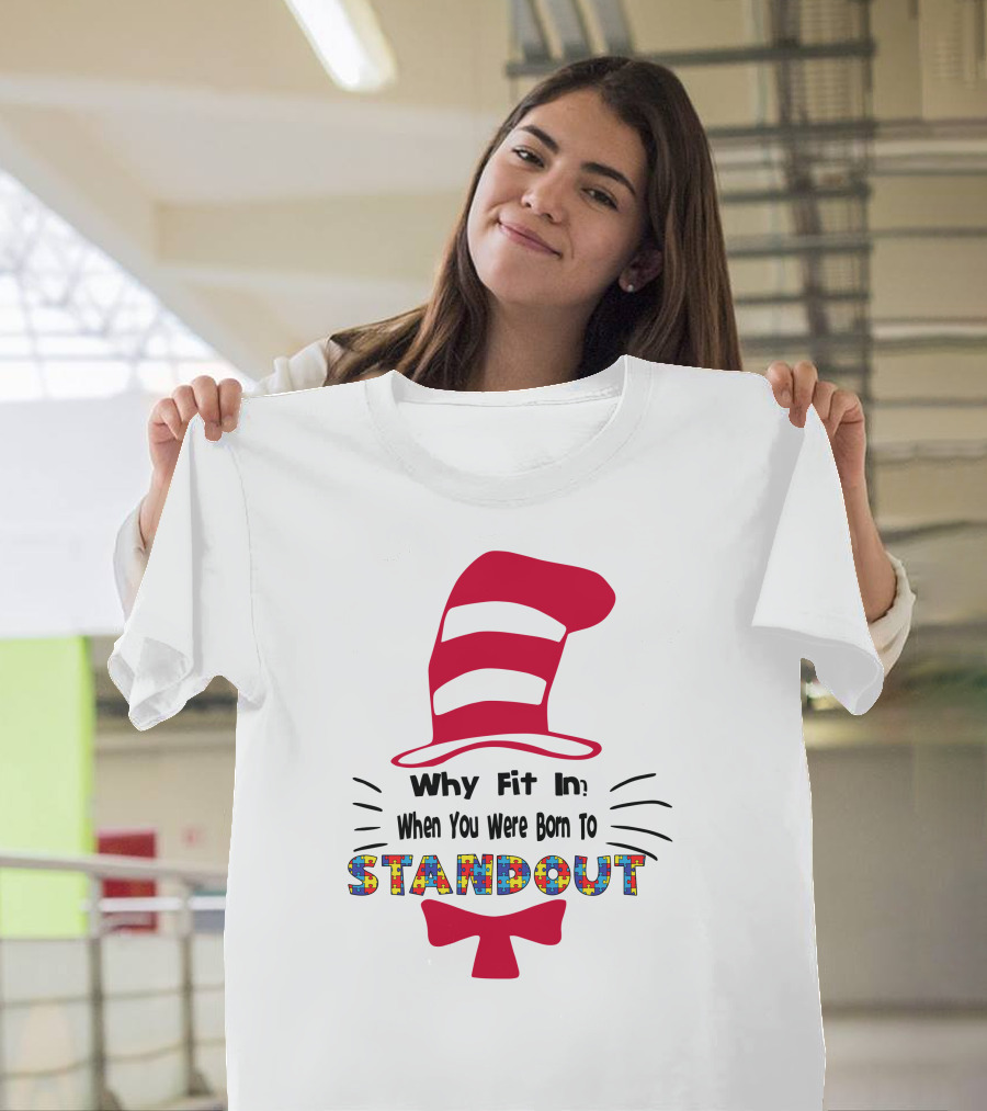 Why Fit In When You Were Born To Standout Autism Cat Hat Puzzle T-Shirt