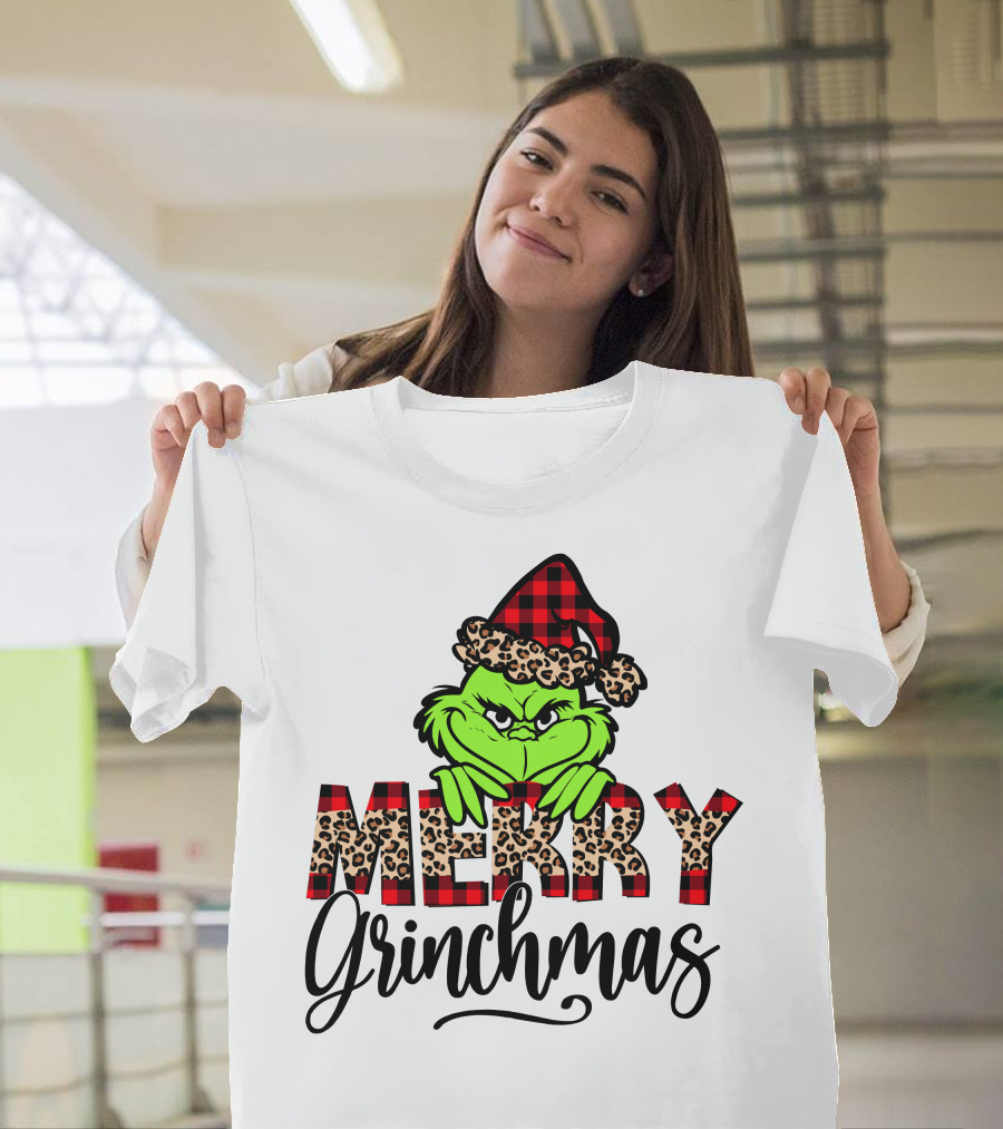Merry Grinchmas Red Plaid And Leopard Print Christmas Grinch T-Shirt