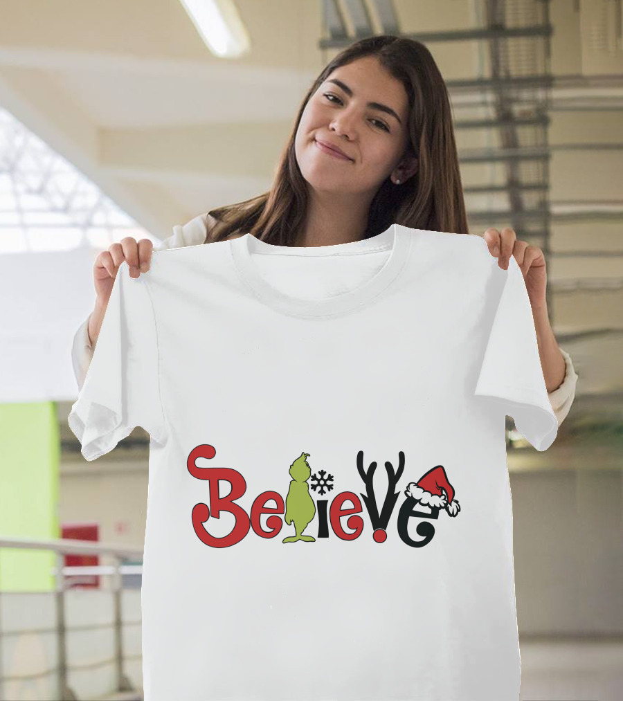 Grinch Believe Christmas Santa Hat Antlers T-Shirt