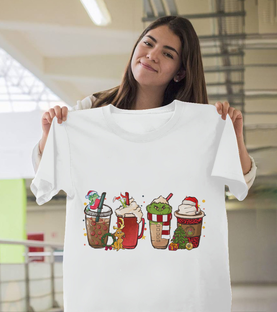 Grinch Christmas Coffee Drinks With Santa Hats And Holiday Decorations T-Shirt