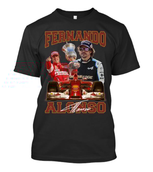 Fernando Alonso F1 Racing Legend With Trophy And Cars T-Shirt