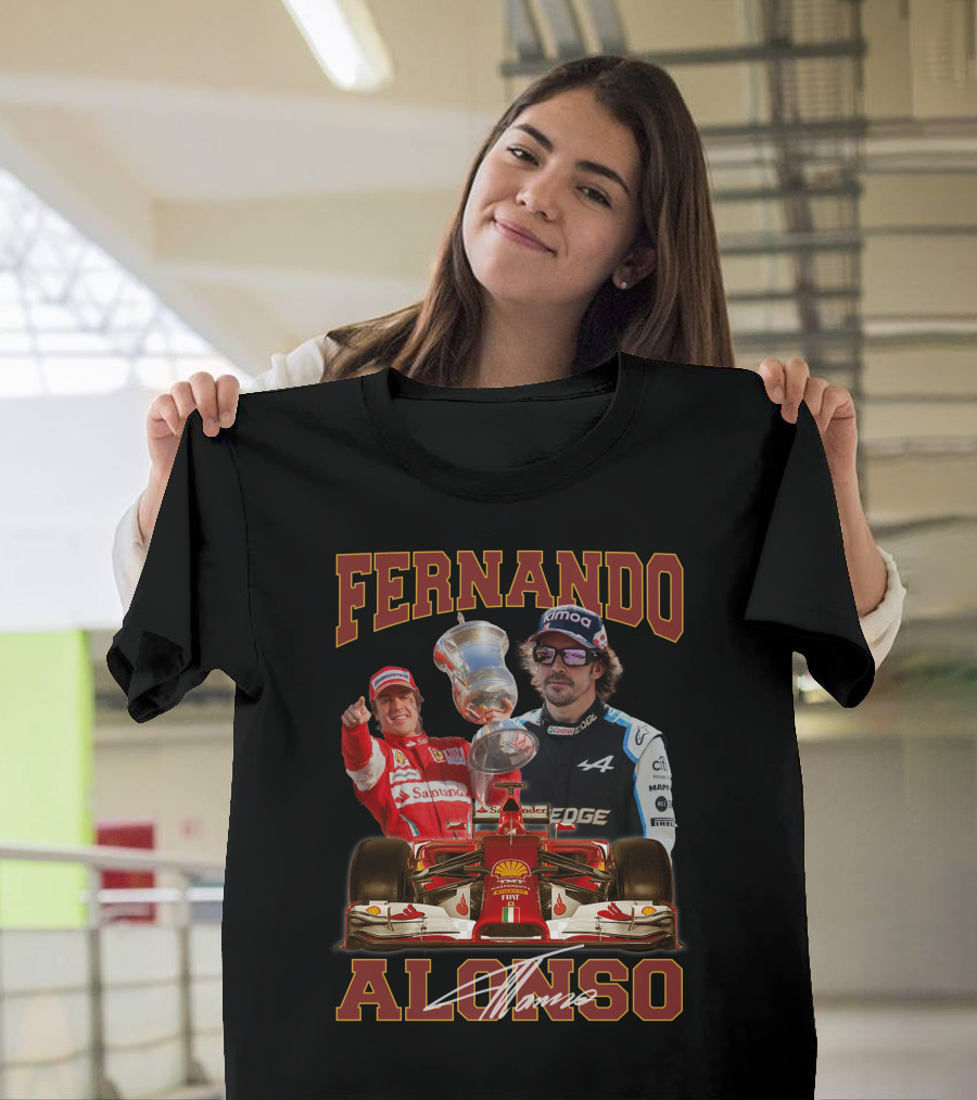 Fernando Alonso F1 Racing Legend With Trophy And Cars T-Shirt