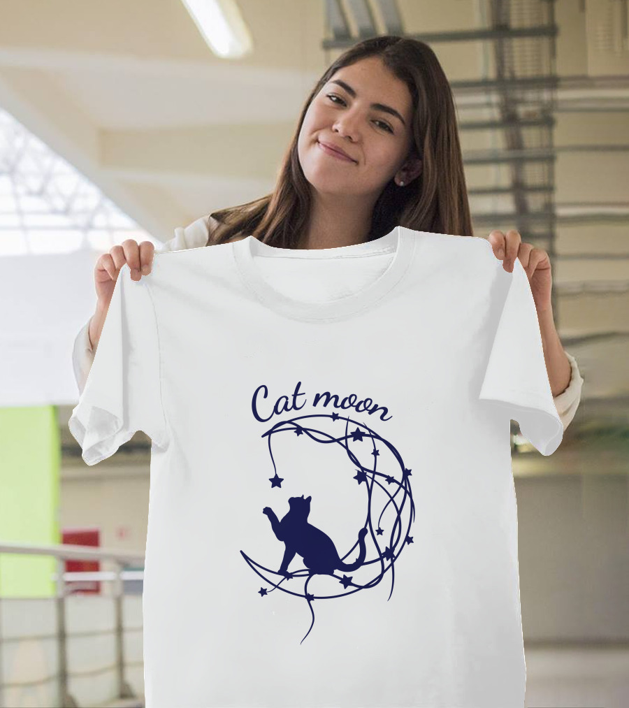 Cat Moon Silhouette With Stars And Vines T-Shirt