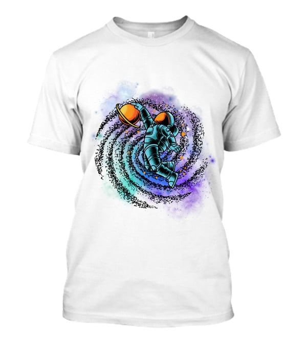 Astronaut Grasping Saturn In Cosmic Swirl 'Conquer The Universe' T-Shirt