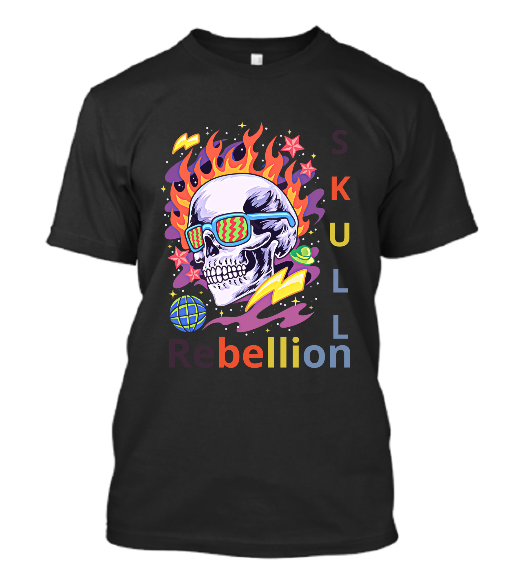 Rebellion Skull With Fiery Sunglasses And Cosmic Elements T-Shirt