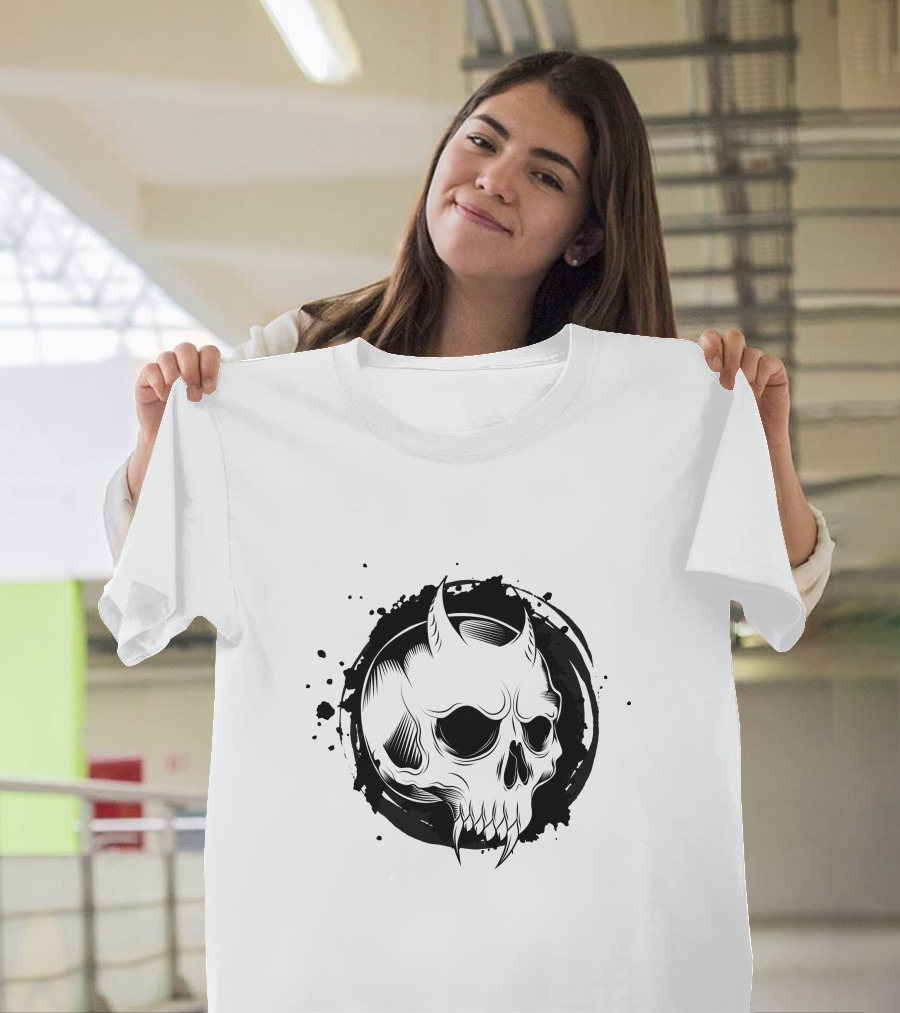 Demon Skull Horned Black Ink Splatter T-Shirt