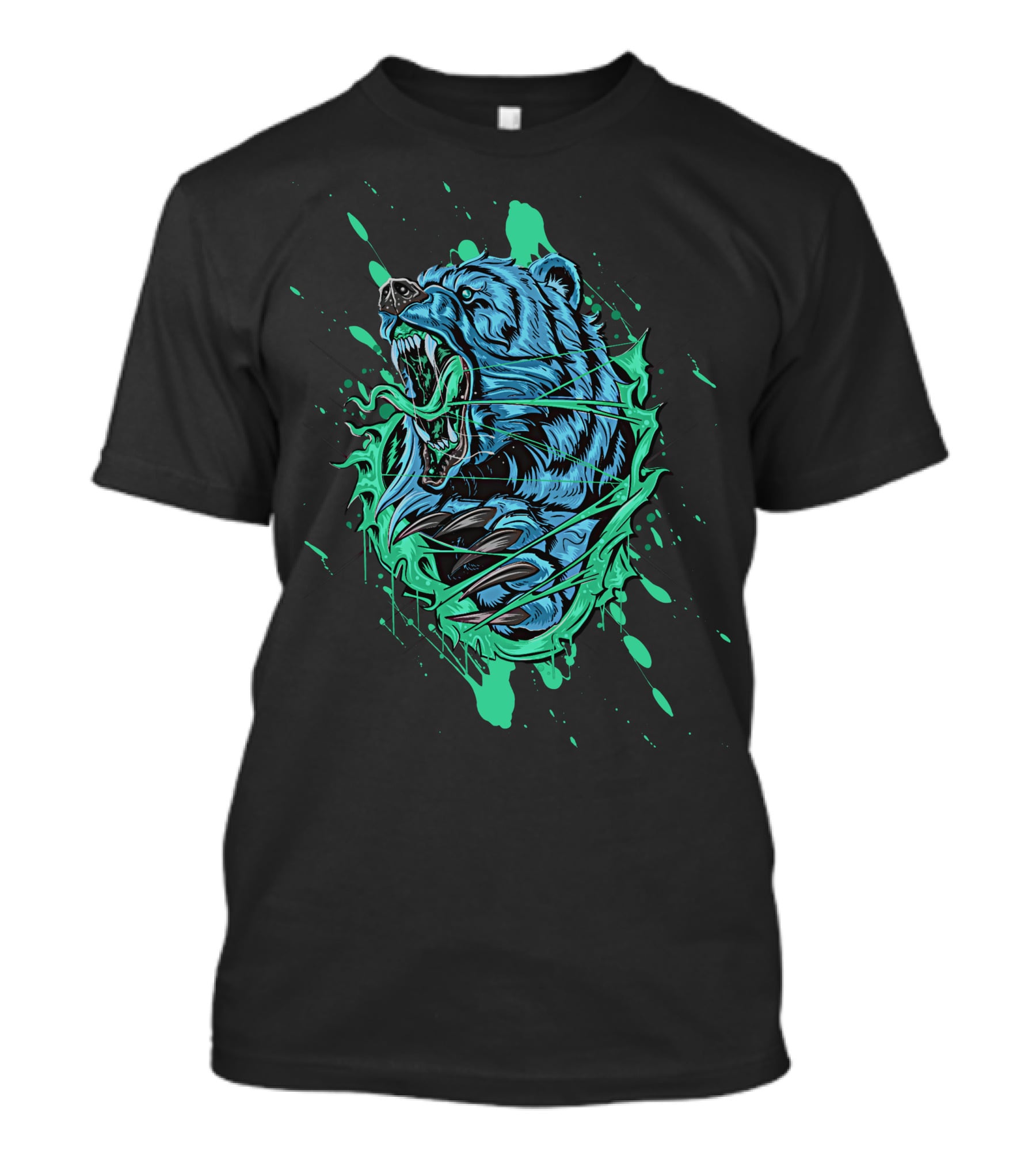 Angry Bear Roaring In Dynamic Teal And Black Paint Splash T-Shirt