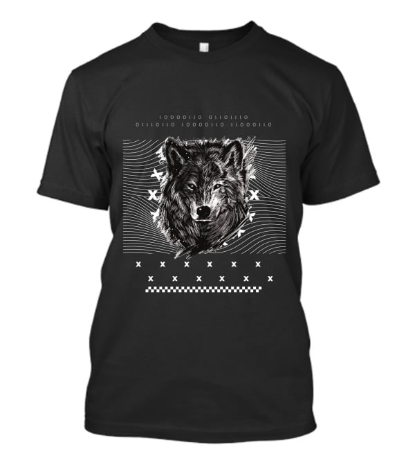 Hunter Wolf Head With Geometric Patterns And Waves T-Shirt