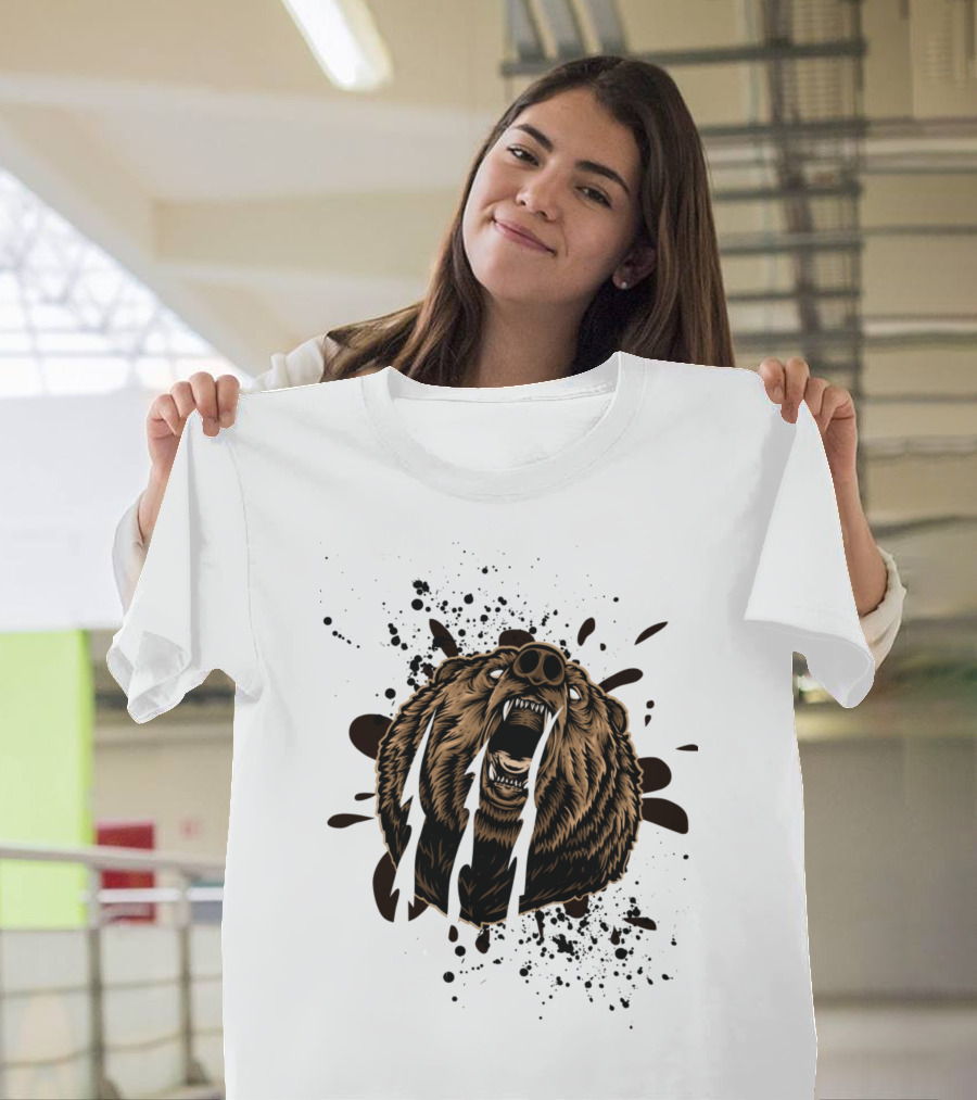 Roaring Bear With Splatter Effect And Claw Marks T-Shirt