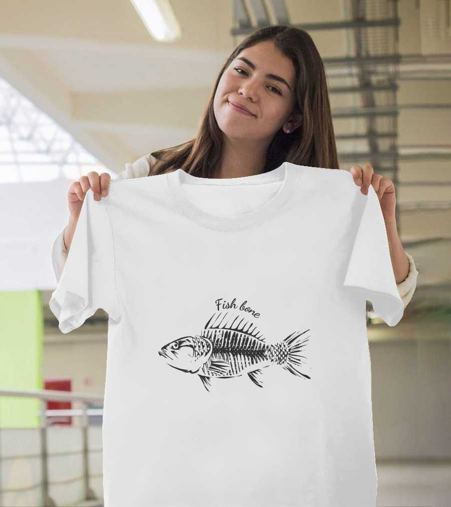 Fish Bone Hand-Drawn Sketch With Text Detailing T-Shirt