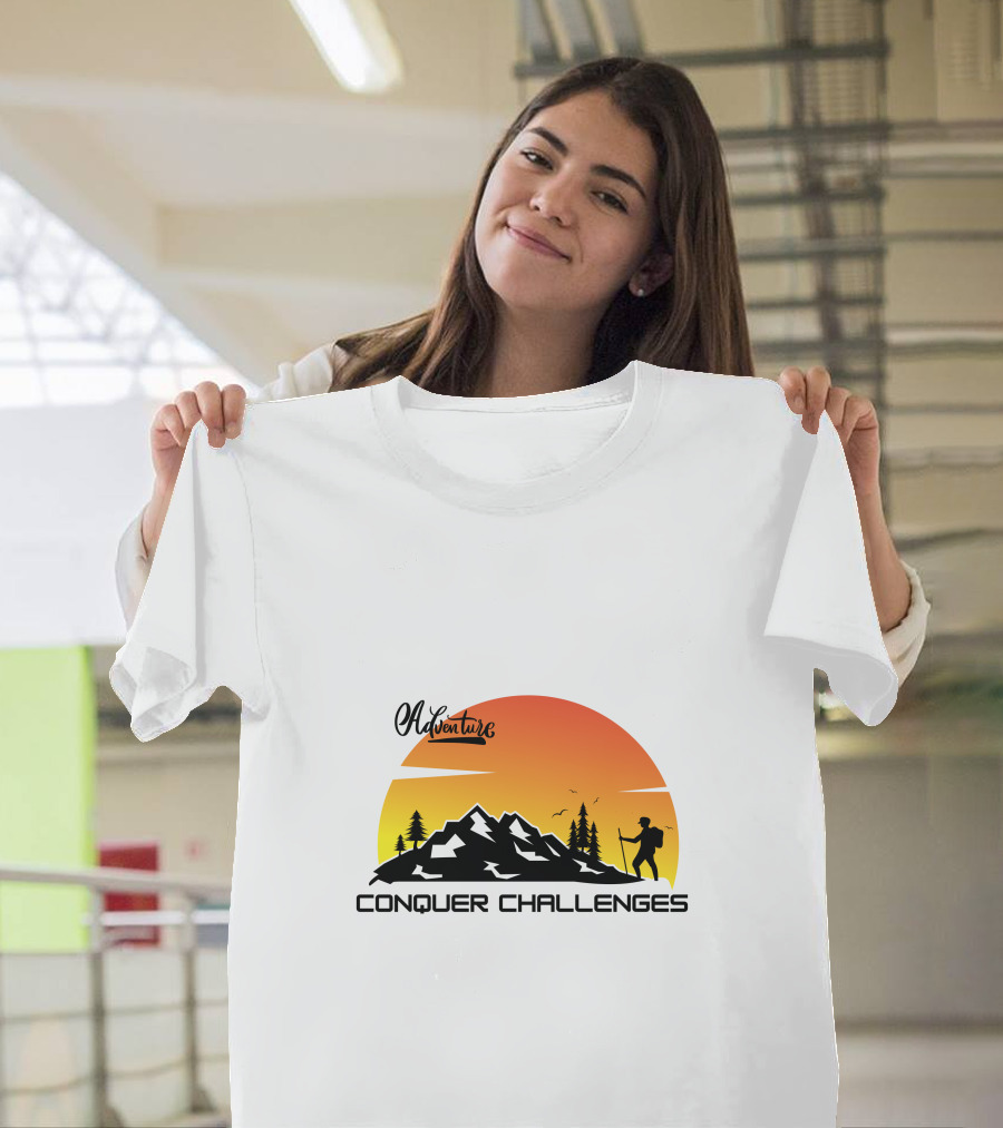 Adventure Conquer Challenges Mountain Hiking Silhouette Sunset Scene T-Shirt