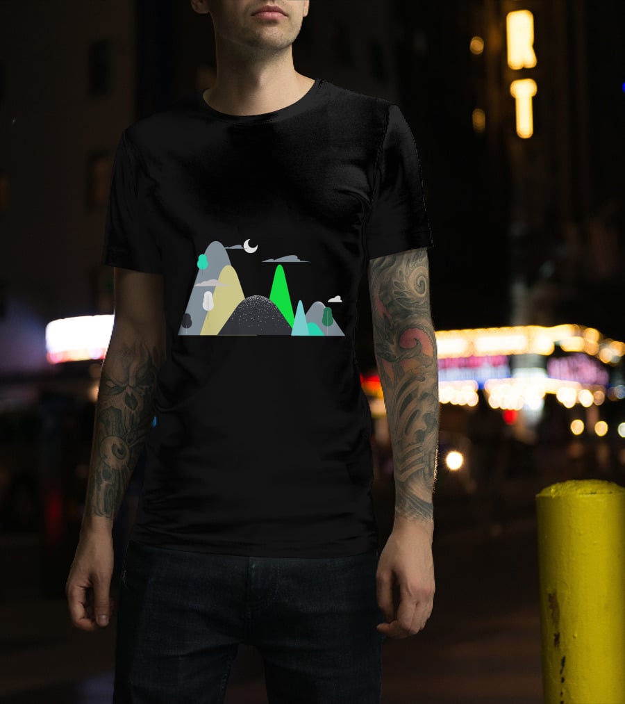 Mountains Moon Night Scene With Trees And Clouds T-Shirt