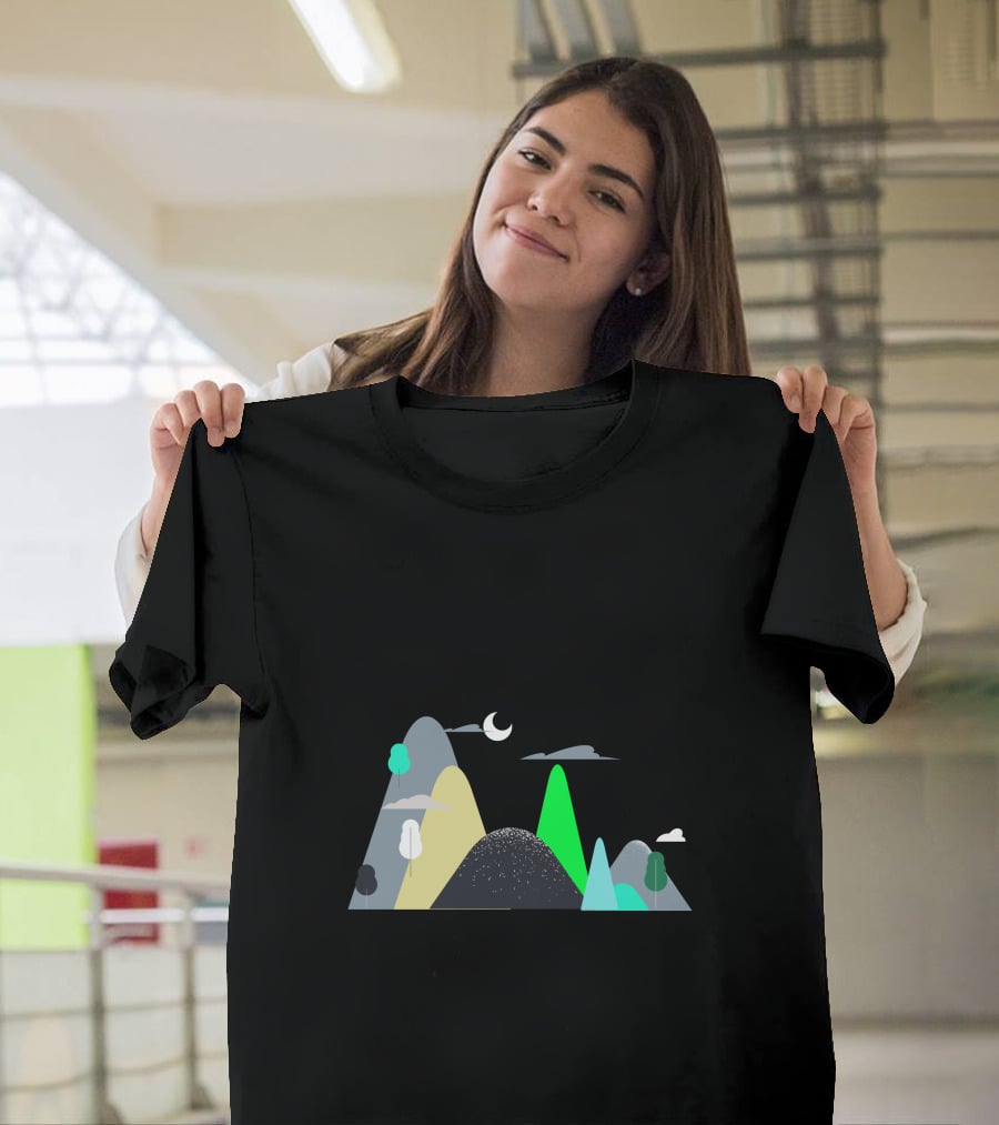 Mountains Moon Night Scene With Trees And Clouds T-Shirt