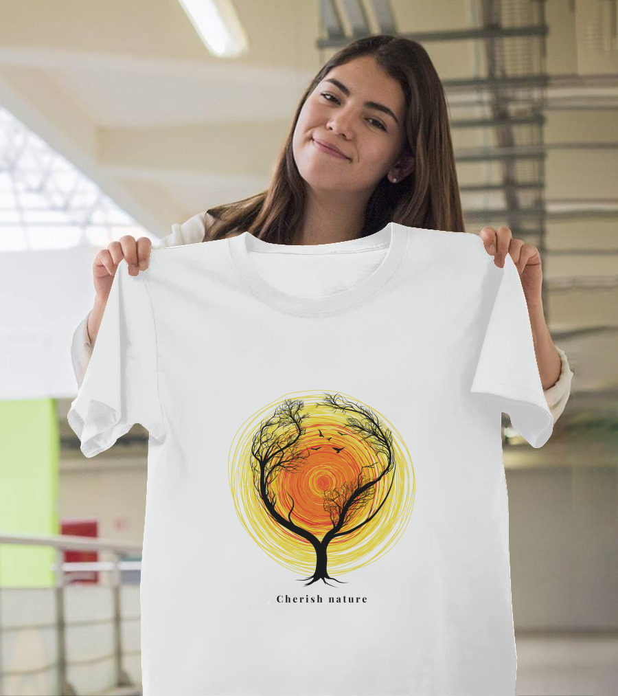 Cherish Nature Tree Silhouette With Birds And Vibrant Spiral Sun T-Shirt