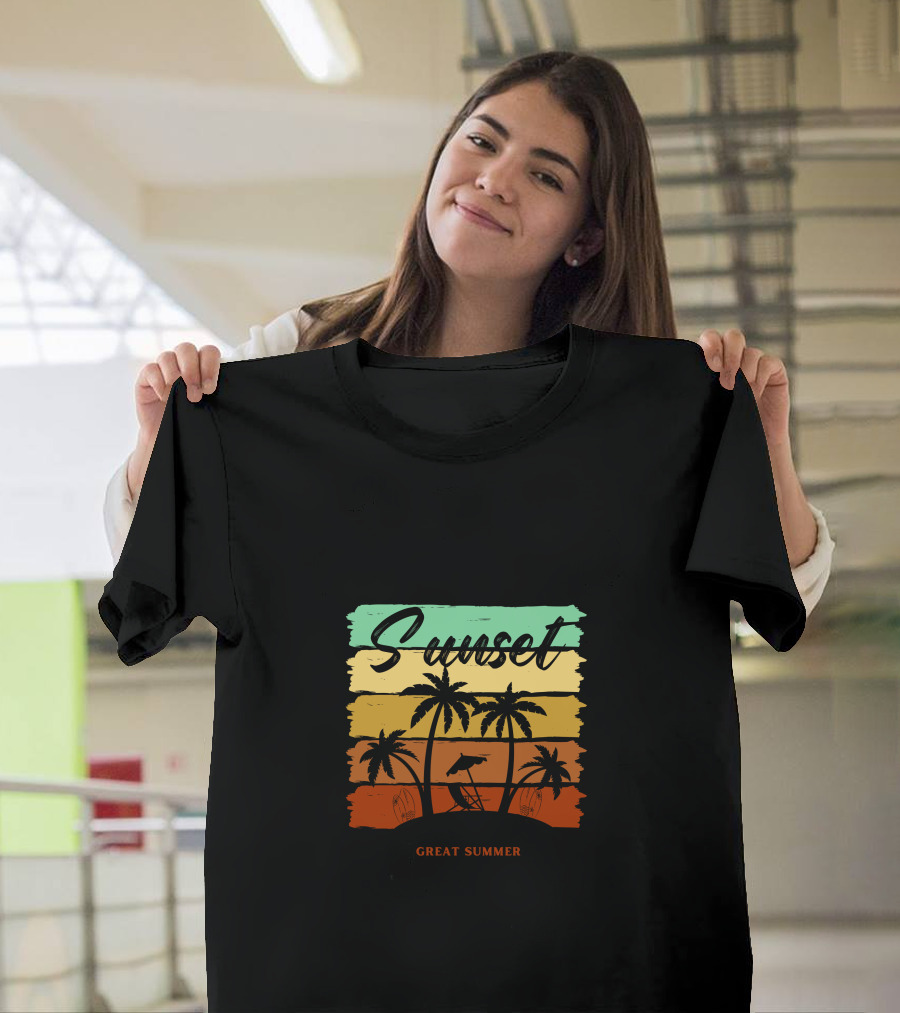 Sunset Great Summer Palm Trees Beach Scene T-Shirt